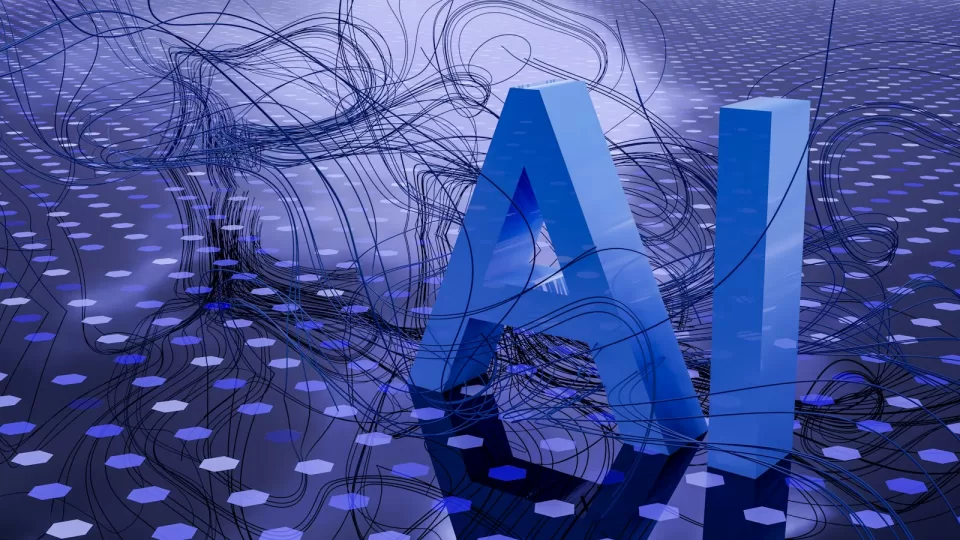 Illustration of the letters AI made from glowing circuits