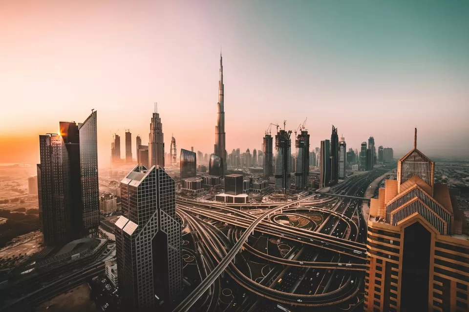 Dubai skyline with skyscrapers at dusk