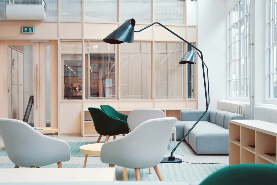 Comfortable lounge area with sofas, chairs and plants