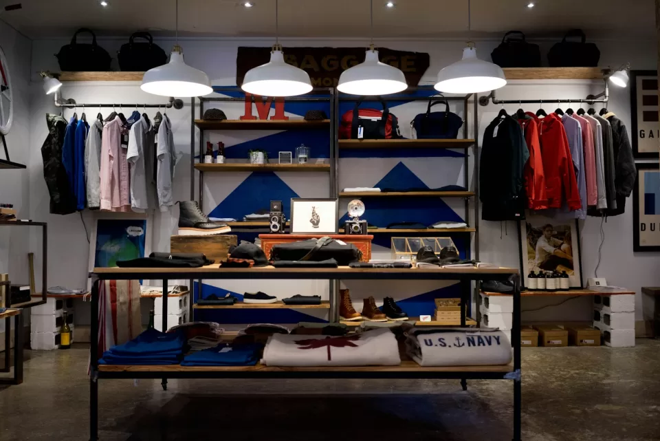 Clothing boutique with shelves of folded clothes and hanging garments