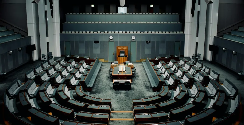 Parliament chamber with rows of seats