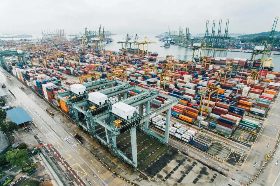 Container port with cranes and cargo ships
