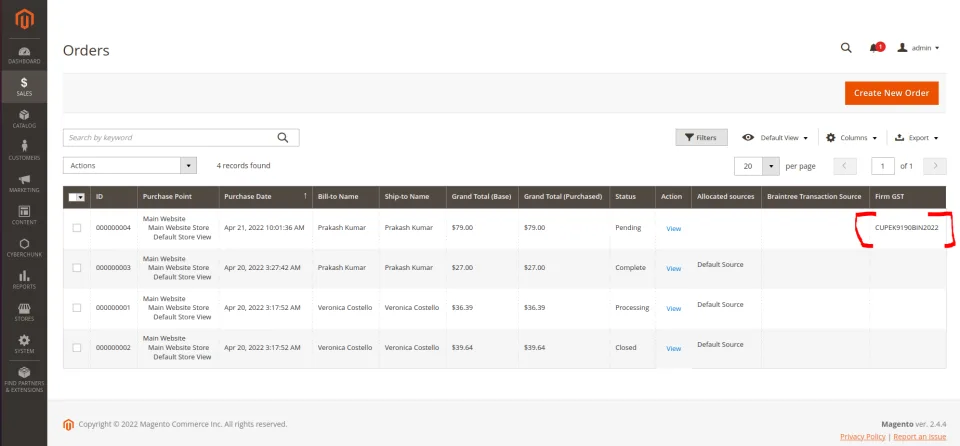 Orders grid with the firm GST number in the Magento admin